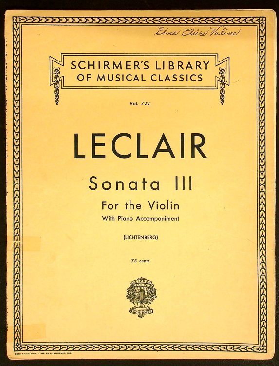 Leclair Sonata III in D, (For the Violin with Piano Accompaniment) (Schirmer's Library of Musical Classics, Vol. 722)