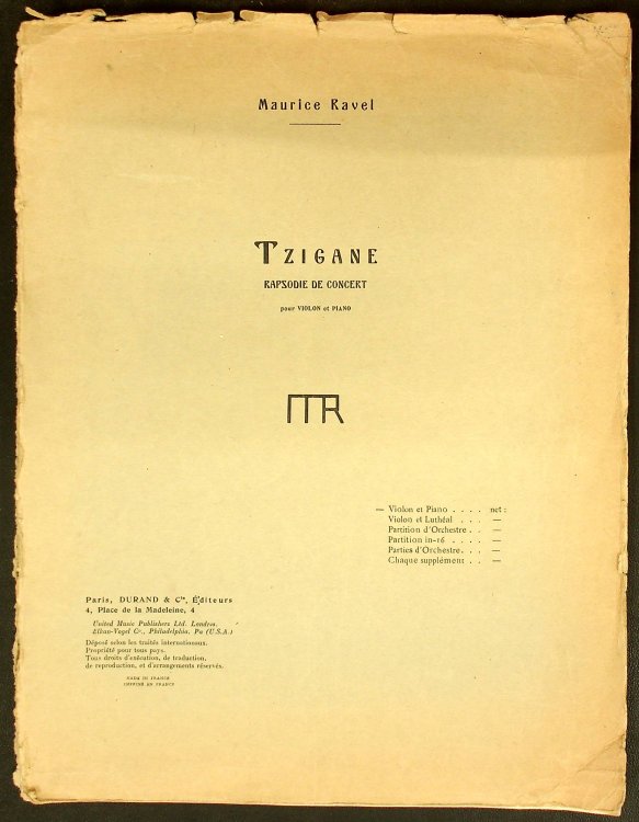 Maurice Ravel. Tzigane Rapsodie de Concert pour Violin & Piano. Oversized Durand Edition. Plate 10-629