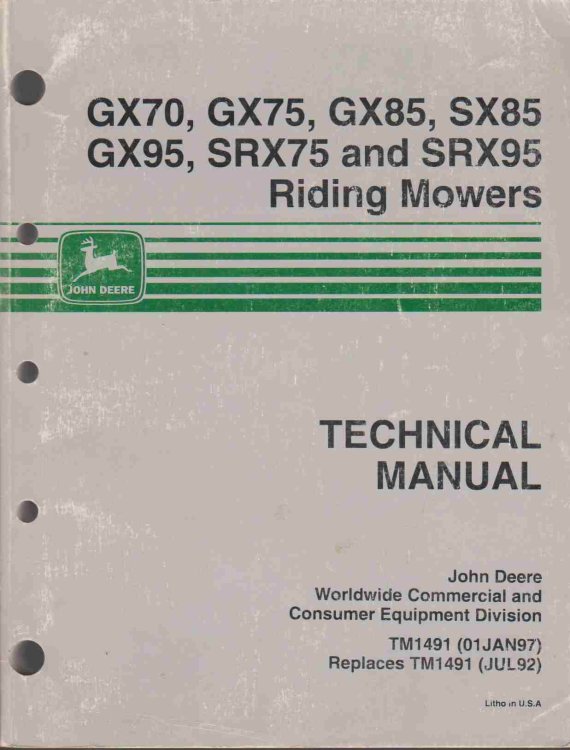 GX70, GX75, GX85, SX85, GX95, SRX75, AND SRX95 RIDING MOWERS TECHNICAL MANUAL. TM1491 (01JAN97) REPLACES TIM1491 (JUL92)
