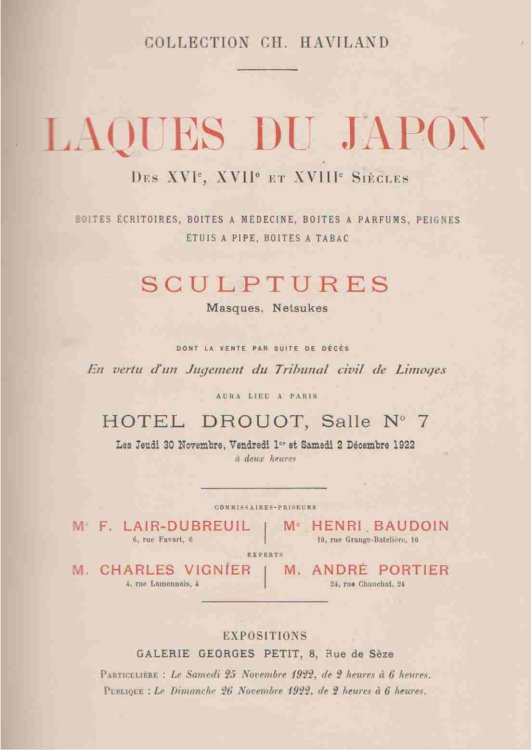 LAQUES DU JAPON. DES XVI, XVII ET SVIII SIECLES. BOITES ECRITOIRES, BOITES A MEDECINE, BOITES A PARFUMS, PEIGNES ETUIS A PIPE, BOITES A TABAC. SCULPTURES, MASQUES, NETSUKES