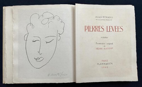 Pierres Levees. With a signed lithograph by Matisse. Inscribed by Jules Romains, with a dedication in blue pen to Marcel Bussac dated Dicembre 1953.