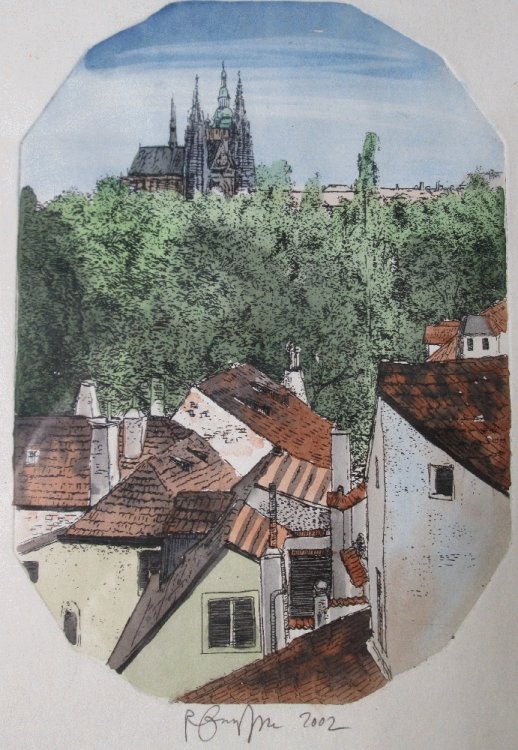 European Hand-Colored Print of Roofs and a Church (2002)