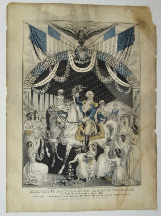 Washington's Reception by the Ladies on the Bridge Hand-Colored Lithograph by James Baillie 1848
