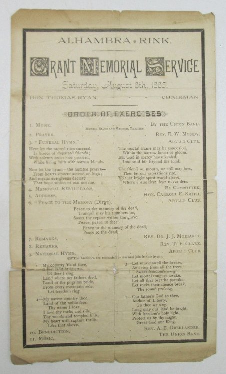 Alhambra Rink, Syracuse US Grant Memorial Service Handbill