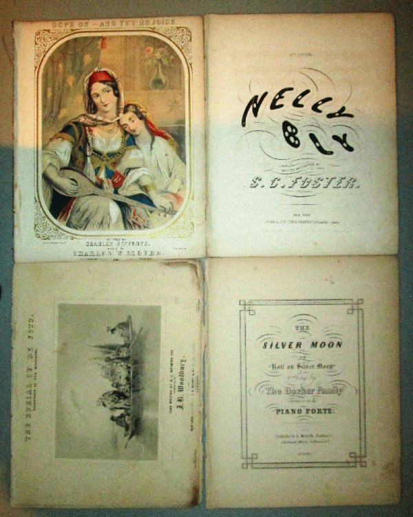 Four Fascinating Pieces of Mid-Nineteen Century Pieces of Sheet Music: Nelly Bly, Silver Moon, Burial of De Soto, Hope On
