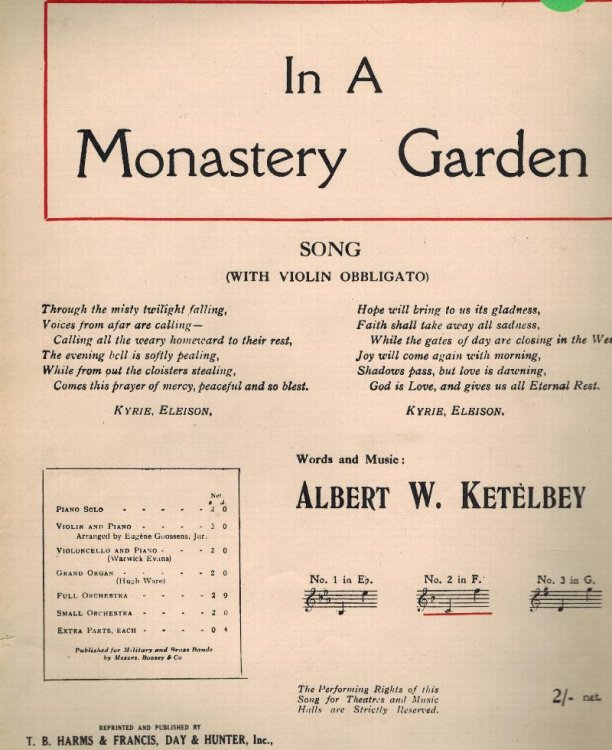 In A Monastery Garden - Song with Violin Obbligato - Vintage Sheet Music