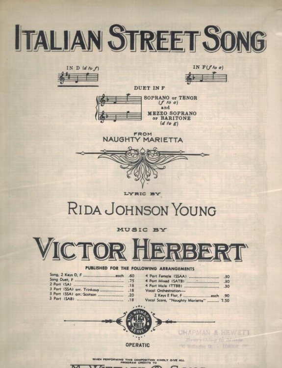 Italian Street Song - Vintage Sheet Music from Naughty Marietta