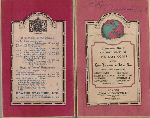 Stanford's No. 1 Coloured Chart of the East Coast ( Ordnance Map ) from Great Yarmouth to Orford Ness with Inset Charts of Deben River, Felixstowe Dock, Harwich, Lowestoft, Ore River, Orwell River, Southwold, Stour River, Yarmouth Haven