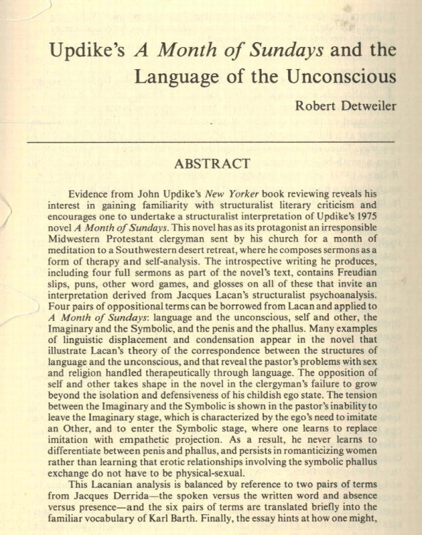 Updike's a Month of Sundays and the Language of the Unconscious