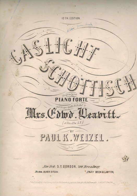 Gaslight Schottisch dedicated to Mrs. Edward Dearbitt - Vintage Sheet Music