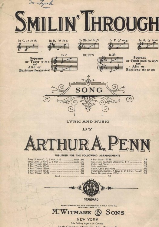 Smilin' ( Smiling ) Through Song - Vintage Sheet Music