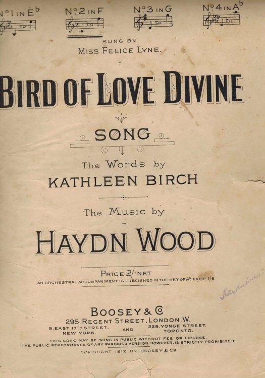 Bird of Love Divine Song - in F as Sung By Felice Lyne