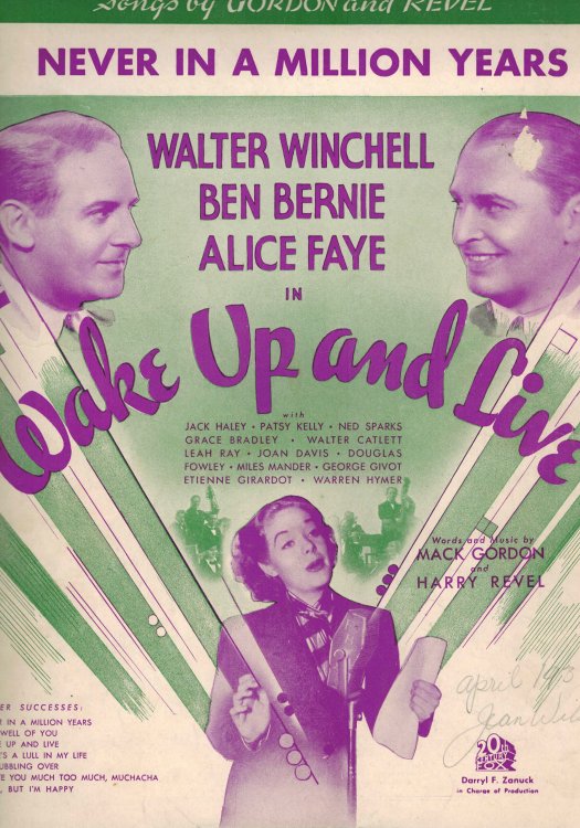 Never in a Million Years - Sheet Music from Wake Up and Live - Alice Faye, Walter Winchell and Ben Bernie Cover