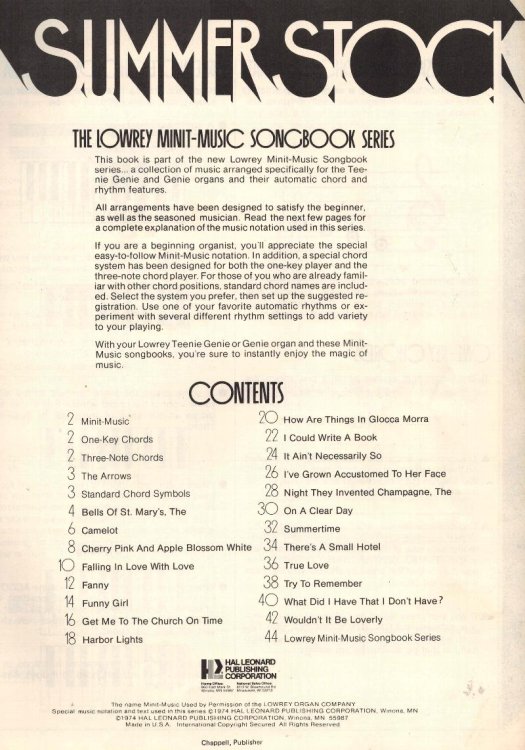 Summer Stock (20 Show Tune Favorites) Minit Music Arrangements for Lowrey Teenie Genie and Genie Organs (The Lowrey Minit-Music Songbook Series)