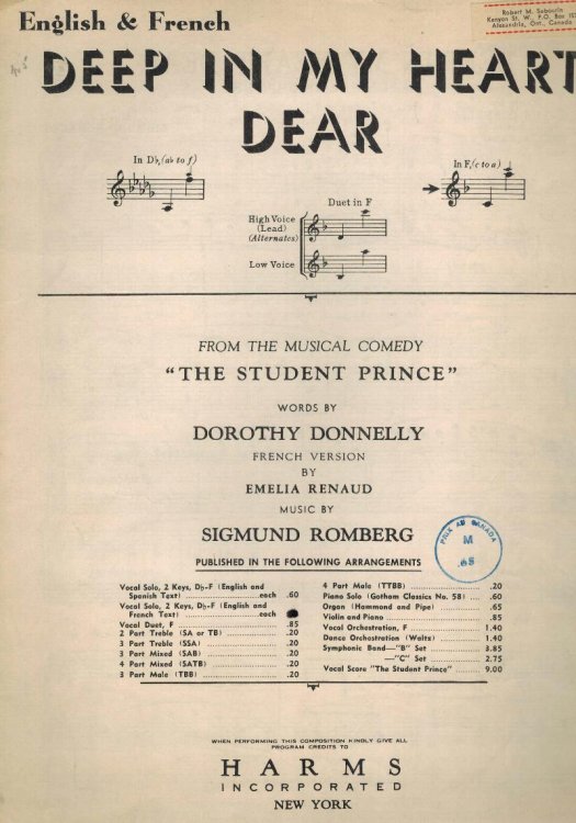 Deep in My Heart Dear - Au Fond De Mon Coeur - Vintage sheet Music
