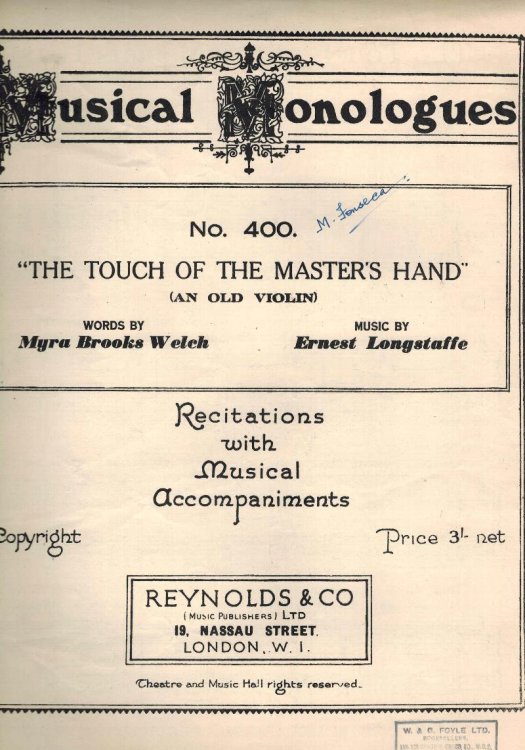 Touch of the Master's Hand - an Old Violin - Musical Monologues No. 400 Recitations with Musical Accompaniments