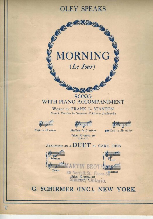 Morning ( Le Jour ) Song with Piano Accompaniment for Low Voice in B Flat Minor