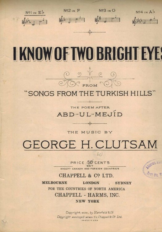 I Know of Two Bright Eyes - Vintage sheet Music in E Flat Frm Songs from the Turkish Hills
