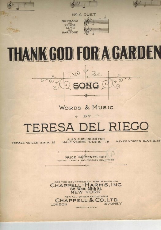 Thank God for a Garden Song - Vintage Sheet Music