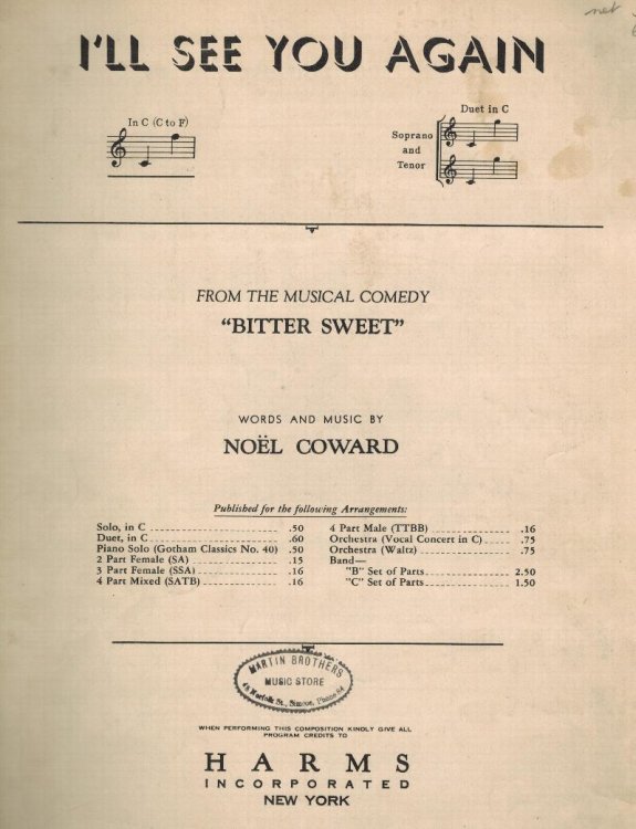 I'll See You Again from the Musical Comedy Bitter Sweet - Vintage Sheet Music for Soprano and Tenor