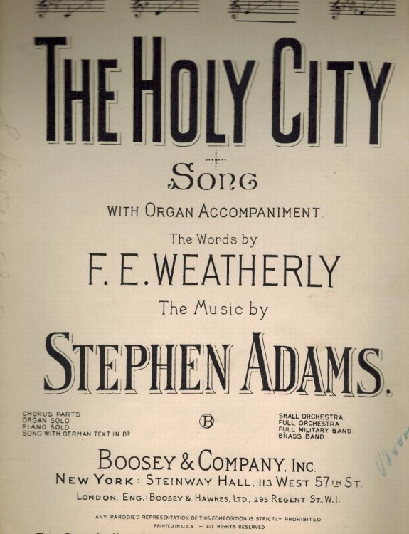 The Holy City Song with Organ Accompaniment - No. 3 in C - Vintage Sheet Music