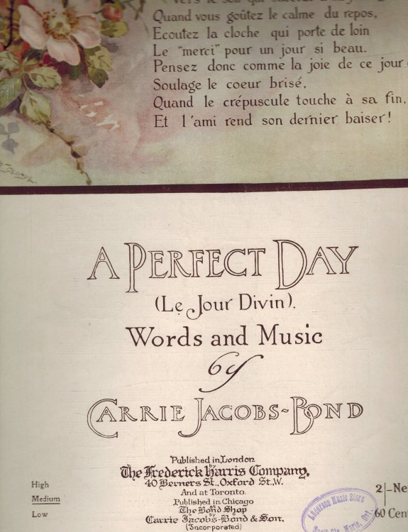 A Perfect Day - Le Jour Divin - Vintage Sheet Music for Medium Voice