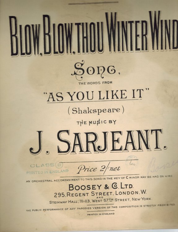 Blow Blow Thou Winter Wind - Vintage Sheet Music - in B Minor
