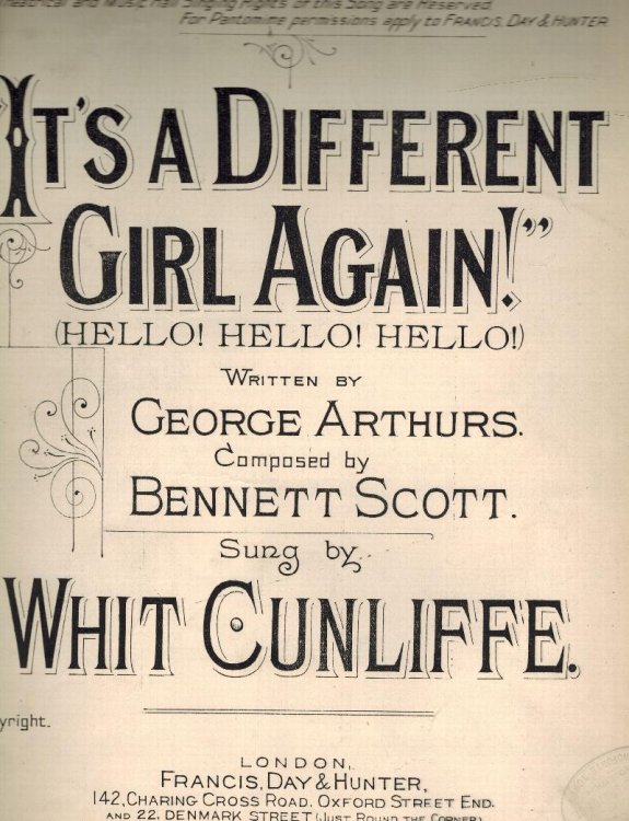 It's a Different Girl Again! : Hello Hello Hello - Vintage Sheet Music - as Sung By Cunliffe, Whit