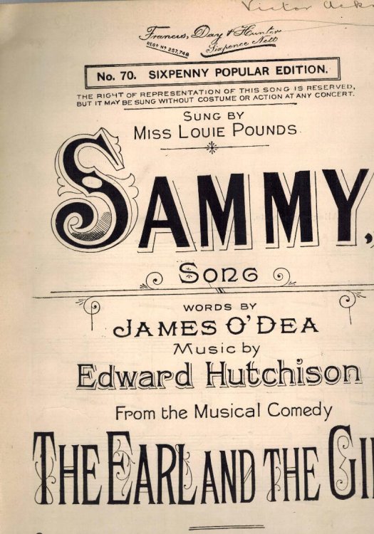 Sammy : from the Musical Comdey The Earl and the Girl - Vintage Sheet Music - as Sung By Miss Louie Pounds