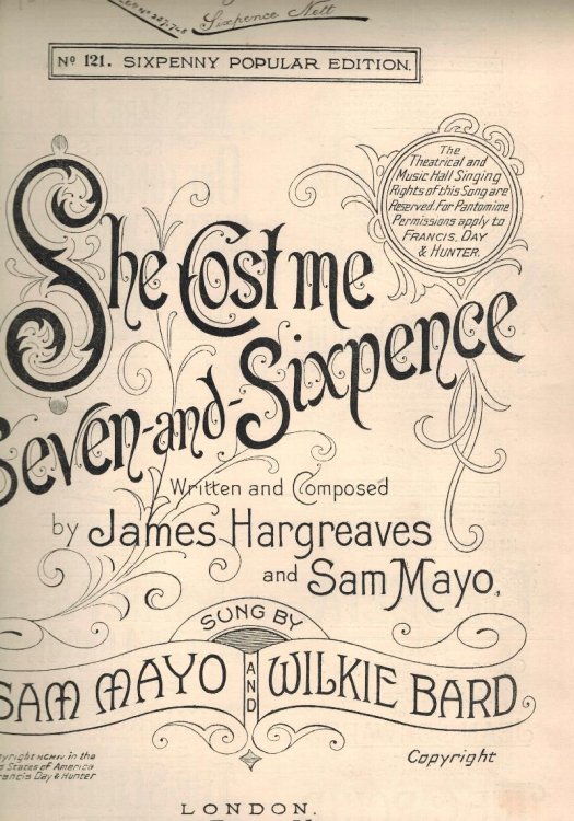 She Cost Me Seven and Sixpence - Vintage Sheet Music - as Sung by Mayo, Sam ; Bard, Wilkie
