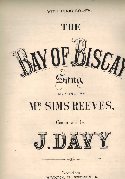 The Bay of biscay - Vintage Sheet Music - as Sung By Mr. Sims Reeves