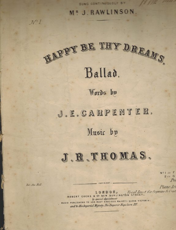 Happy be Thy Dreams Ballad - Vintage Sheet Music - as Sung By Mr. J. Rawlinson