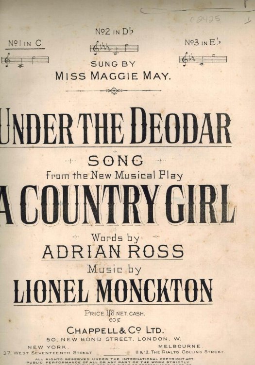 Under the Deodar from the Musical : Country Girl - Vintage Sheet Music - as Sung By Miss Maggie May