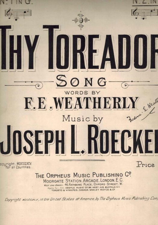 Thy Toreador Song - Vintage Sheet Music