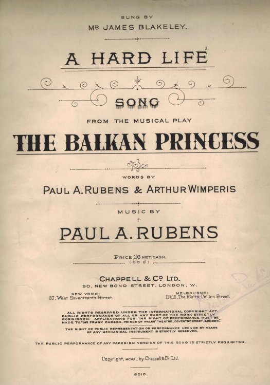 A Hard Life from the Balkan Princess as Sung By James Blakeley - Vintage Piano Sheet Music