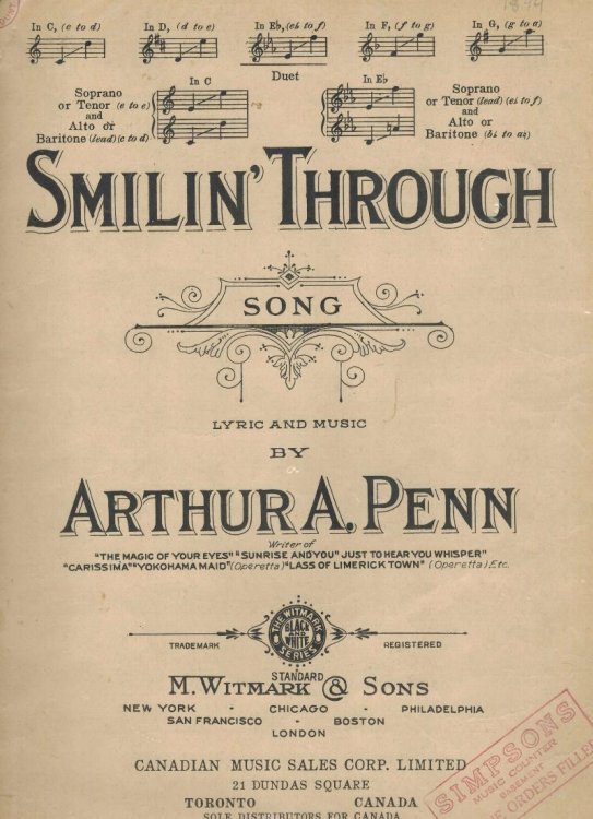 Smilin' ( Smiling ) Through - Vintage Sheet Music