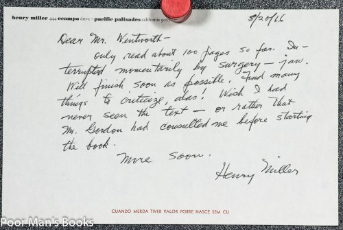 HENRY MILLER. [ALS] AUTOGRAPH LETTER SIGNED BY HENRY MILLER AND DENIGRATING HIS BIOGRAPHY