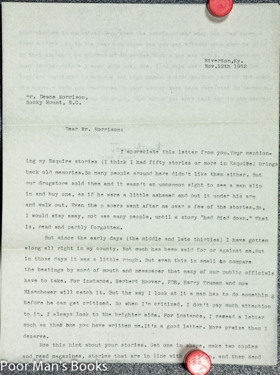 JESSE HILTON STUART SIGNED BY STUART. TLS TO JOURNALIST DEANE MORRISON