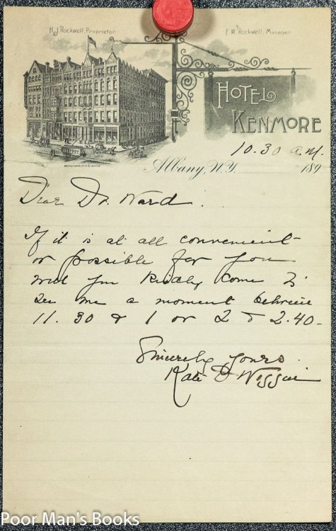 KATE DOUGLAS WIGGIN. ANS. AUTOGRAPH NOTE SIGNED CIRCA 1880