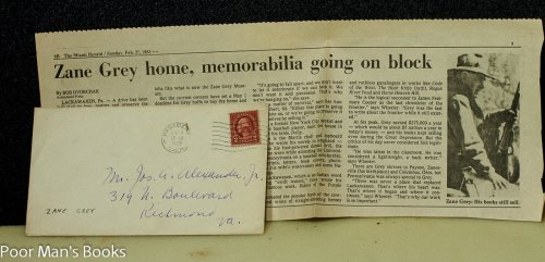 ZANE GREY. SIGNED CARD. 4 7/8 X 3 5/8. IN ORIGINAL ENVELOPE 1929