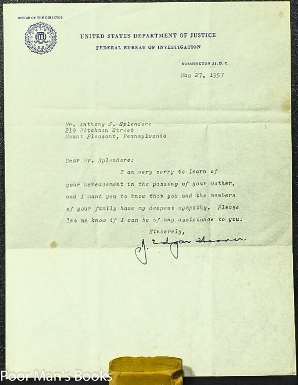J EDGAR HOOVER TLS , BEREAVEMENT LETTER SIGNED.