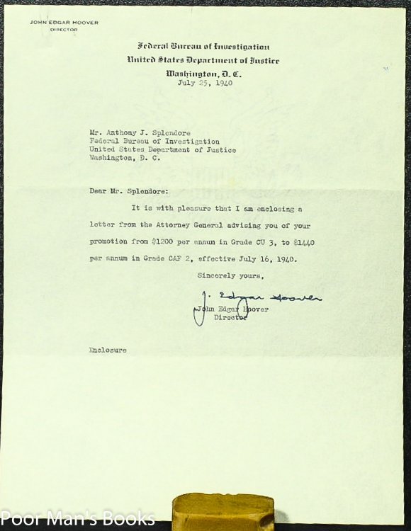 J EDGAR HOOVER TYPED NOTE SIGNED.