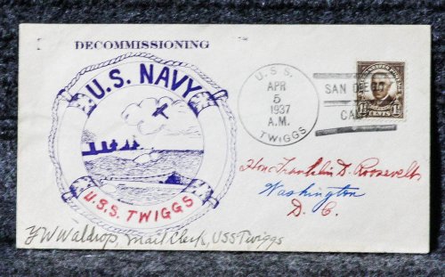 USS TWIGGS DECOMMISSIONING 1937 NAVAL CACHET ADDRESSED TO FRANKLIN D. ROOSEVELT FROM HIS STAMP COLLECTION.