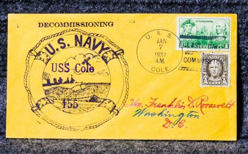 USS COLE DECOMMISSION NAVAL CACHET ADDRESSED TO FRANKLIN D. ROOSEVELT FROM HIS STAMP COLLECTION