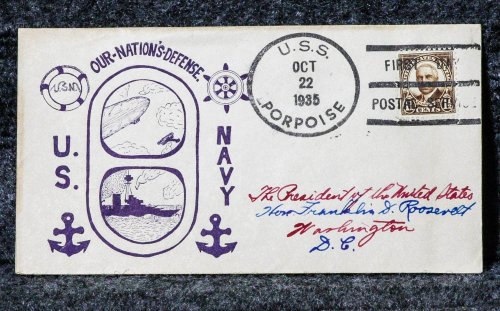 USS PORPOISE NAVAL CACHET ADDRESSED TO FRANKLIN D. ROOSEVELT FROM HIS STAMP COLLECTION