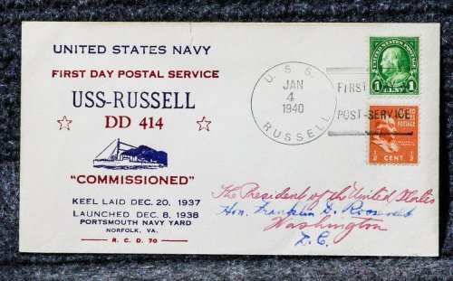 USS RUSSELL NAVAL CACHET ADDRESSED TO FRANKLIN D ROOSEVELT FROM HIS STAMP COLLECTION