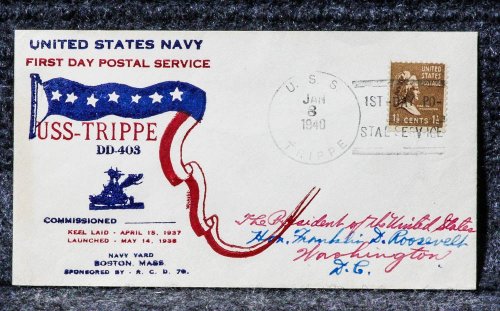 USS TRIPPE NAVAL CACHET ADDRESSED TO FRANKLIN D ROOSEVELT FROM HIS STAMP COLLECTION