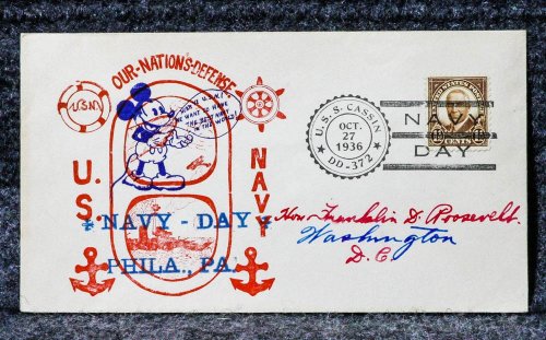 USS CASSIN NAVY DAY NAVAL CACHET ADDRESSED TO FRANKLIN D ROOSEVELT FROM HIS STAMP COLLECTION