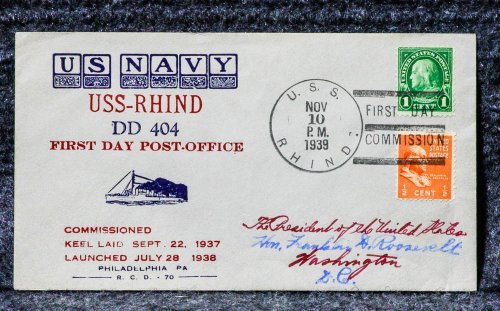 USS RHIND NAVAL CACHET ADDRESSED TO FRANKLIN D ROOSEVELT FROM HIS STAMP COLLECTION