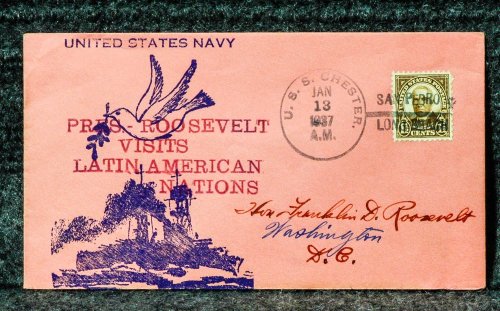 USS CHESTER PRESIDENTIAL VISIT LATIN AMERICA NAVAL CACHET ADDRESSED TO FRANKLIN D ROOSEVELT FROM HIS STAMP COLLECTION